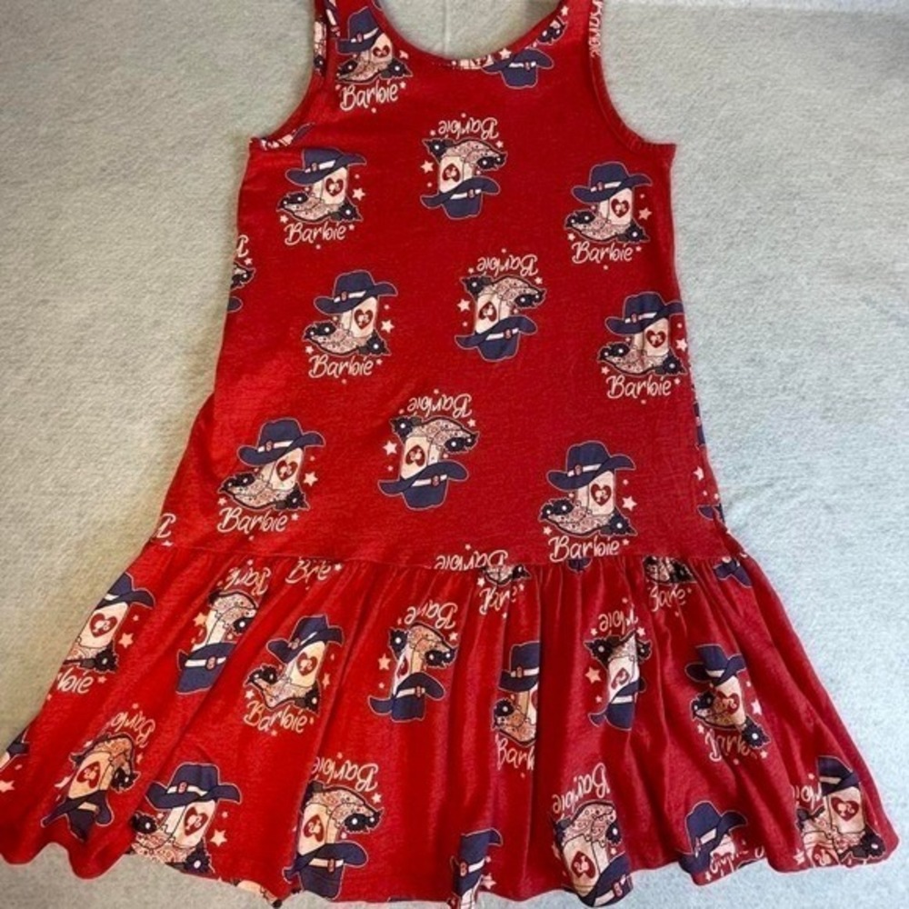 Girls Barbie red tank dress Large 10/12 Cowgirl boots with cowgirl hat pattern.